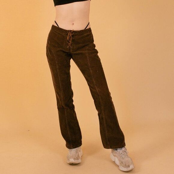 Vintage Y2K Lace Up Fly Flare Brown Pants Sz 6 - Picture 1 of 6